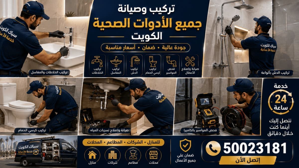 فني أدوات صحية في الكويت يركّب مغسلة وخلاطاً داخل حمام حديث