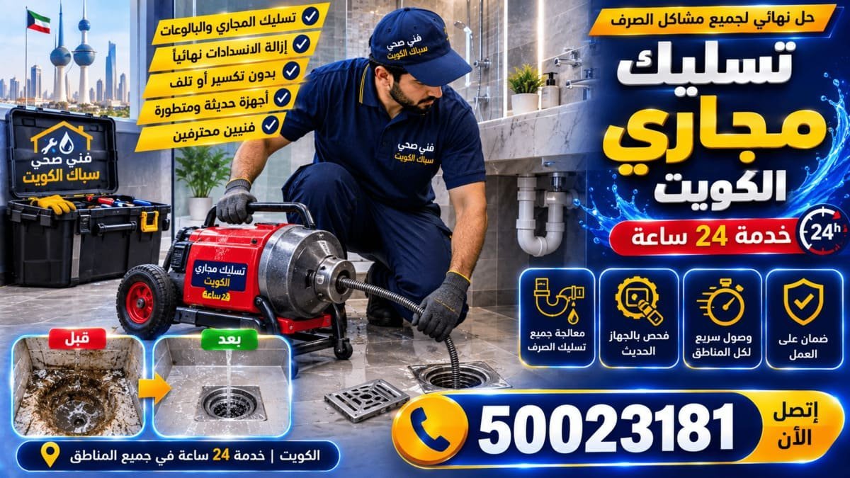 فني تسليك مجاري في الكويت يفتح انسداد خط صرف داخل حمام سكني
